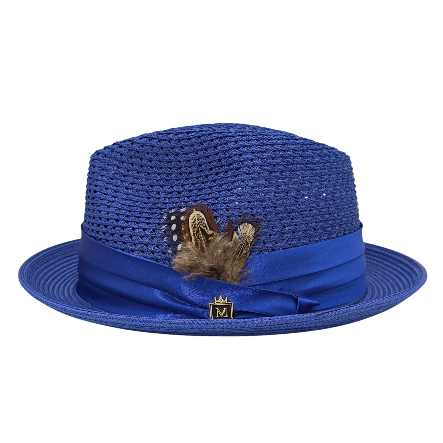 Montique royal blue straw fedora hat side view with matching satin band, feather trim, and gold logo pin