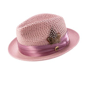 Glossaric Collection: Montique Rose Solid Color Pinch Mesh Braided Fedora With Matching Satin Ribbon Hat