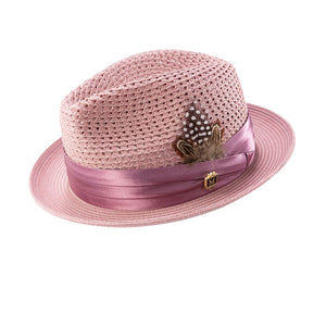 Glossaric Collection: Montique Rose Solid Color Pinch Mesh Braided Fedora With Matching Satin Ribbon Hat