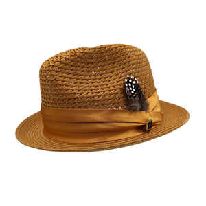 Glossaric Collection: Montique Gold Solid Color Pinch Mesh Braided Fedora With Matching Satin Ribbon Hat