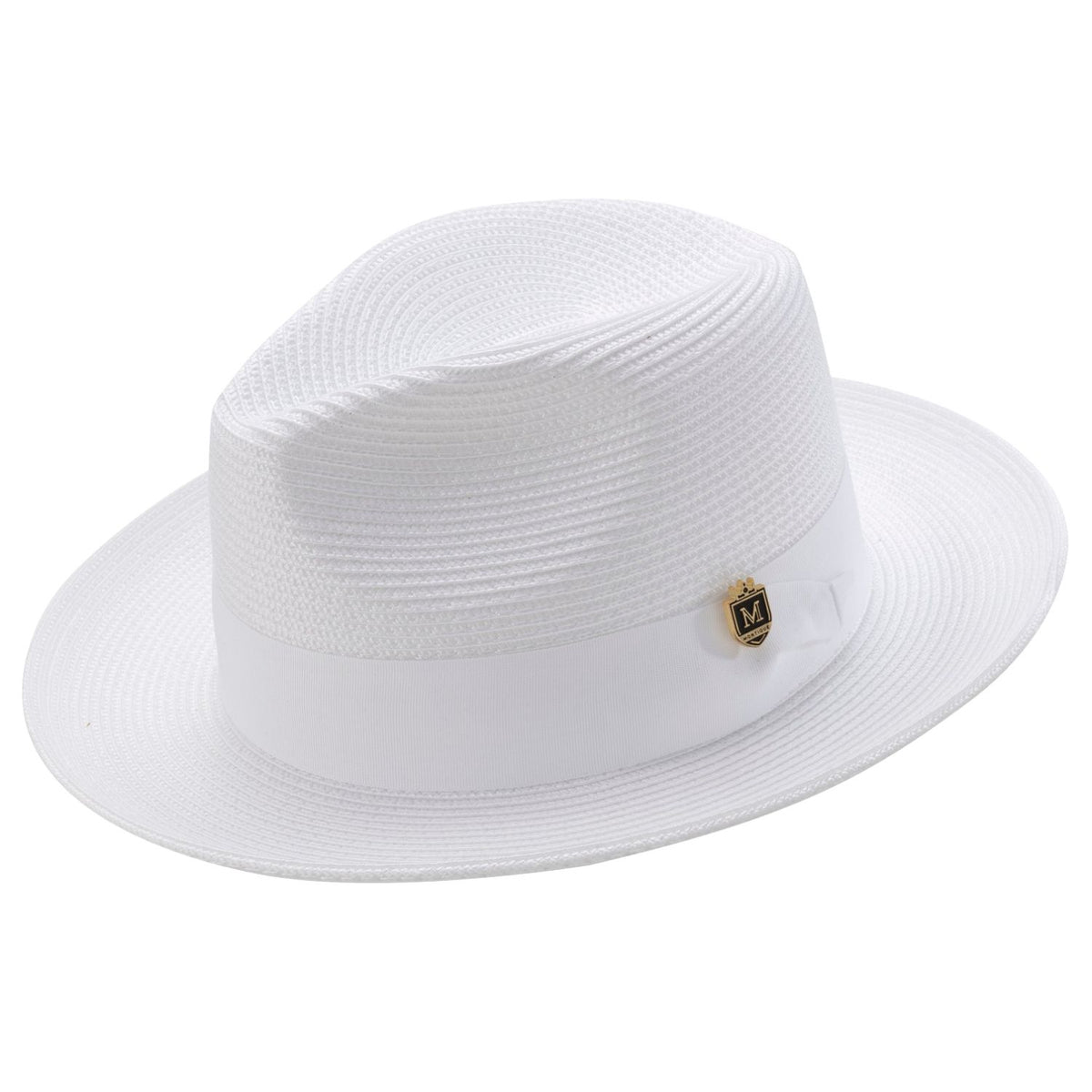 White Braided Wide Brim Pinch Crown Fedora Hat with Matching Grosgrain Ribbon