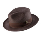 brown braided wide brim pinch crown fedora with grosgrain ribbon band