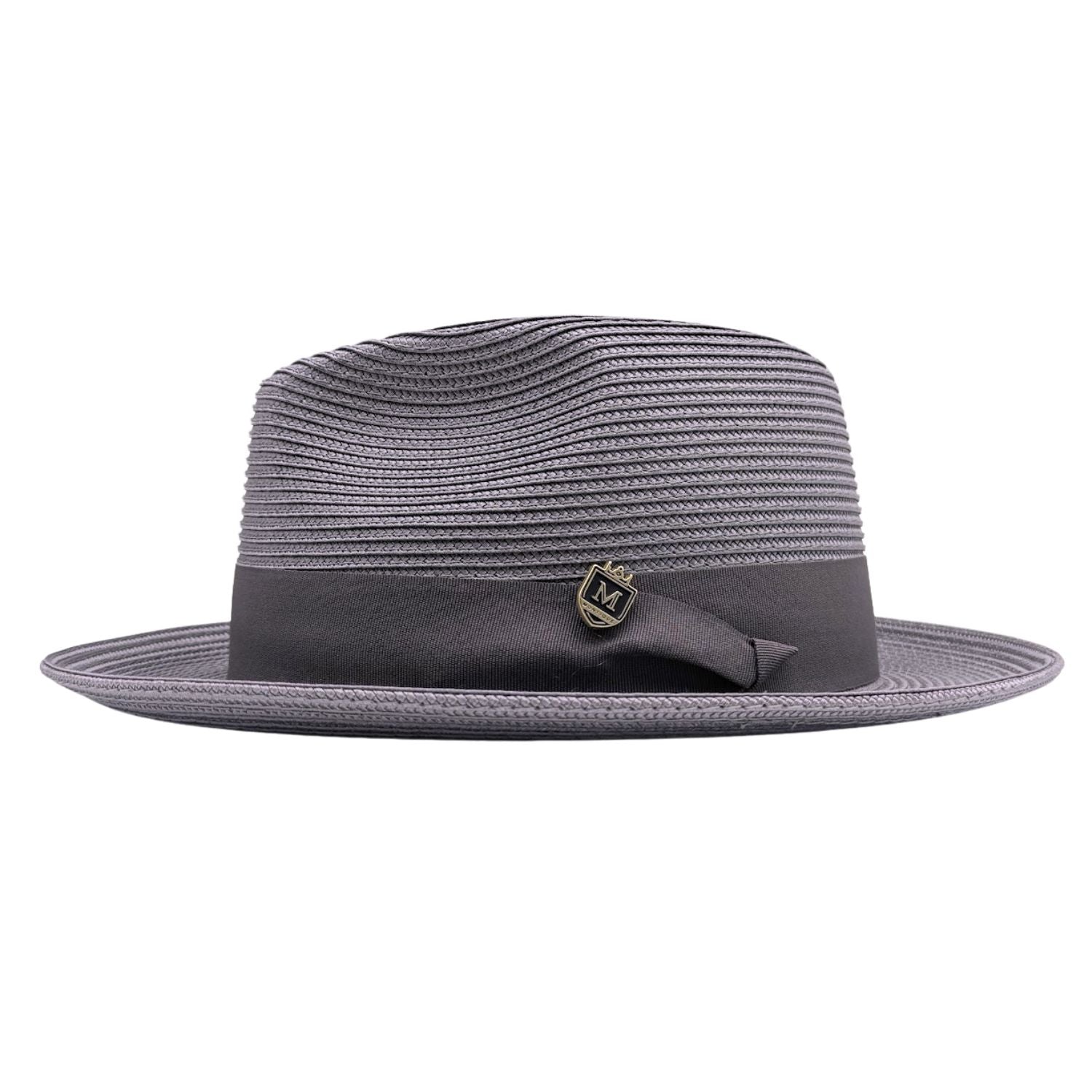Grey Montique fedora hat side view with wide brim, matching ribbon band, bow detail, and gold Montique pin