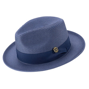 Navy Braided Wide Brim Pinch Crown Fedora Hat with Matching Grosgrain Ribbon