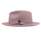 Blush Montique fedora hat front view with matching ribbon band, side bow, logo pin, and structured brim