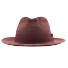 Burgundy Montique fedora hat front view with matching ribbon band, braided crown, and wide brim