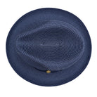 Montique navy straw fedora hat top view with pinch crown
