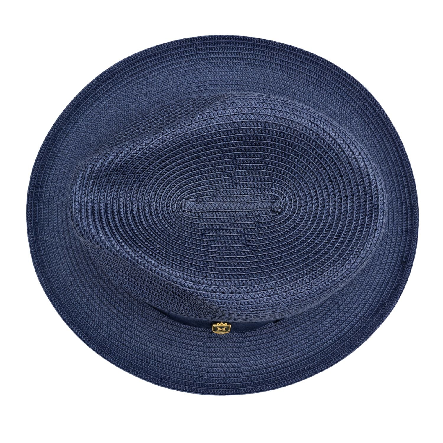 Montique navy straw fedora hat top view with pinch crown