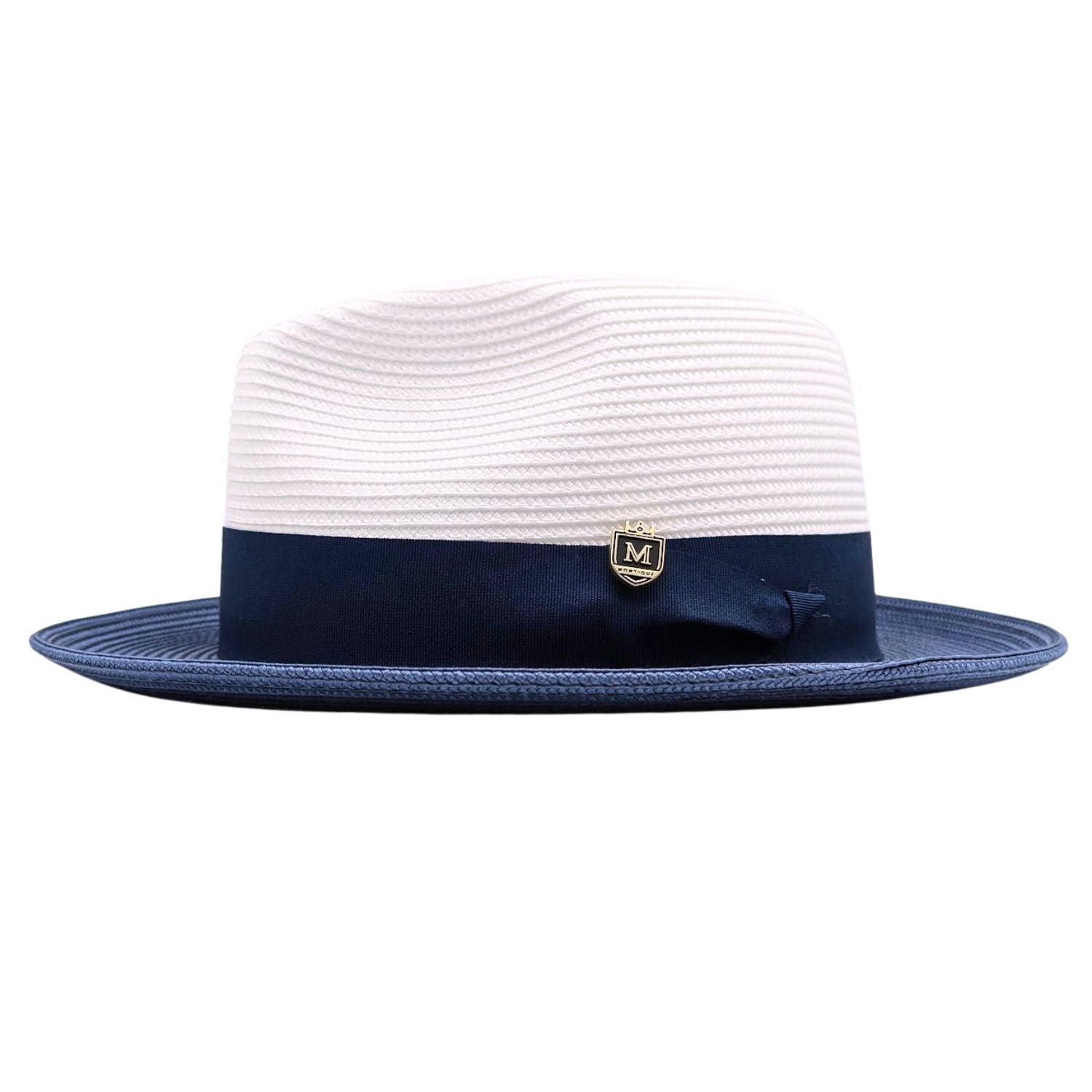 Navy and white Montique fedora hat side view with navy ribbon band, side bow, logo pin, white crown, and navy brim