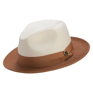 Galanza Collection: Montique Cognac Two-tone Pinch Fedora With Matching Grosgrain Ribbon- Wide Brim H47