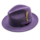 Angled front view of grape wool felt fedora hat with pinch crown, matching ribbon band, bow, and feather