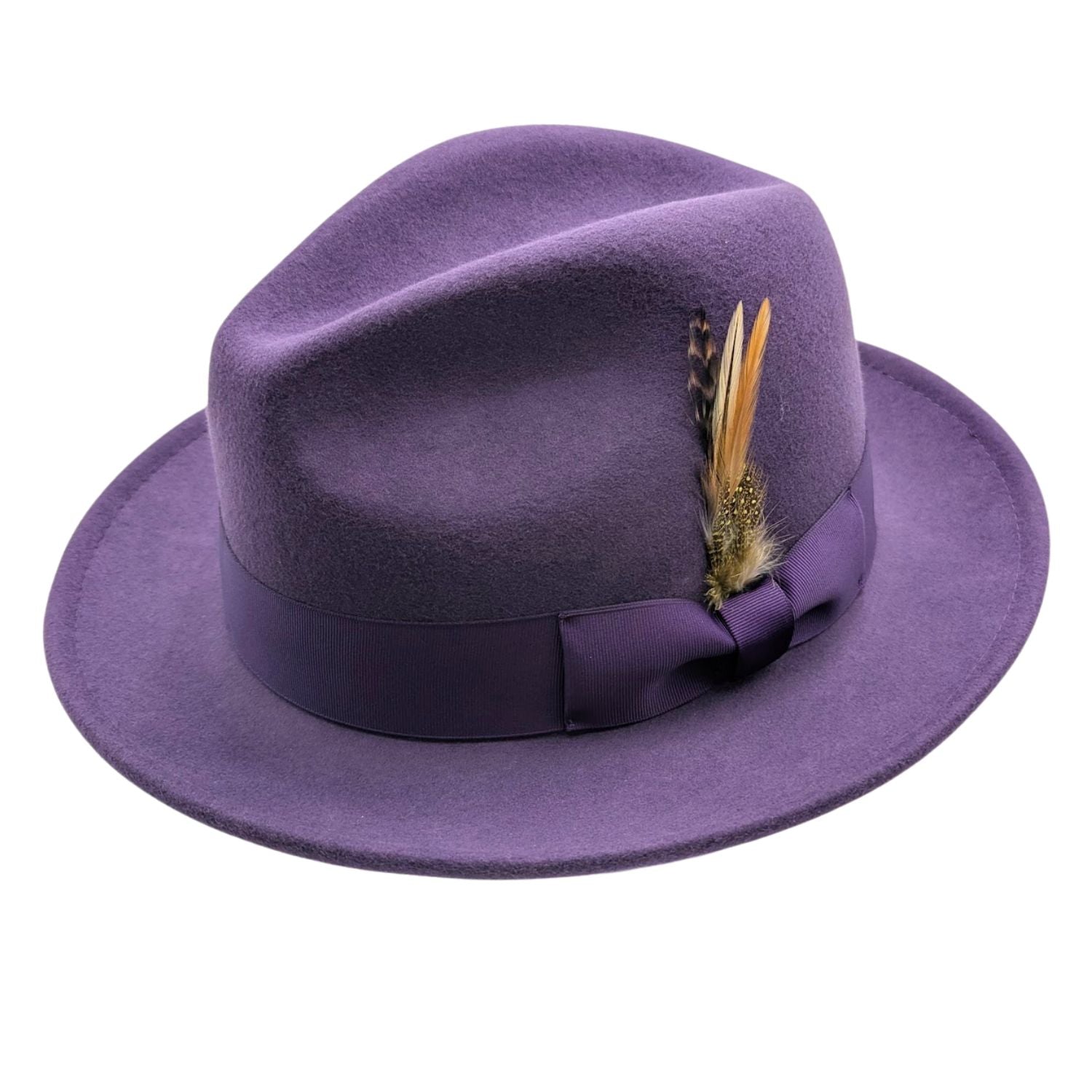 Angled front view of grape wool felt fedora hat with pinch crown, matching ribbon band, bow, and feather