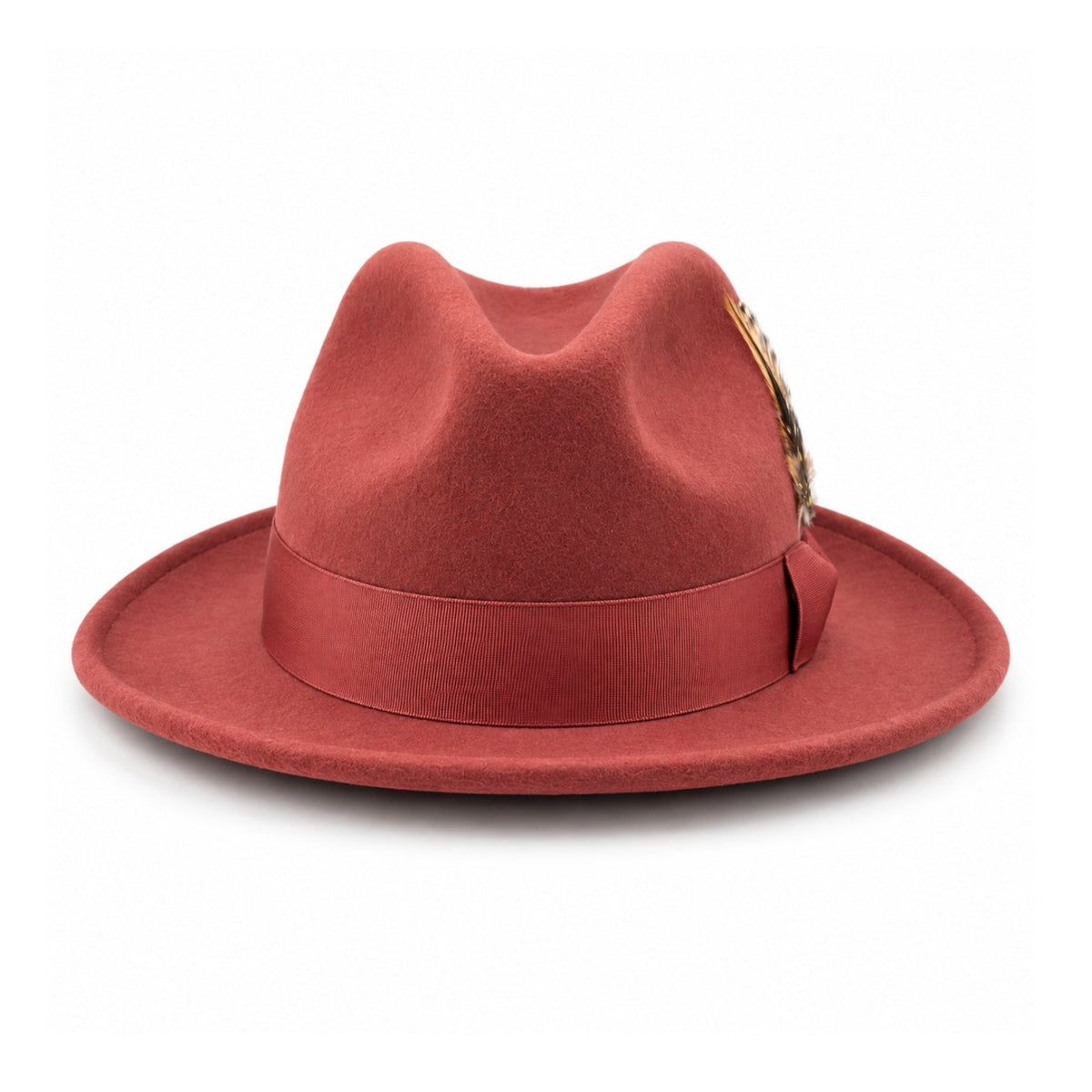 Brick Lightfelt 2 1/2 inch wide brim pinch crown fedora hat by Montique front view with grosgrain bow and feather accent