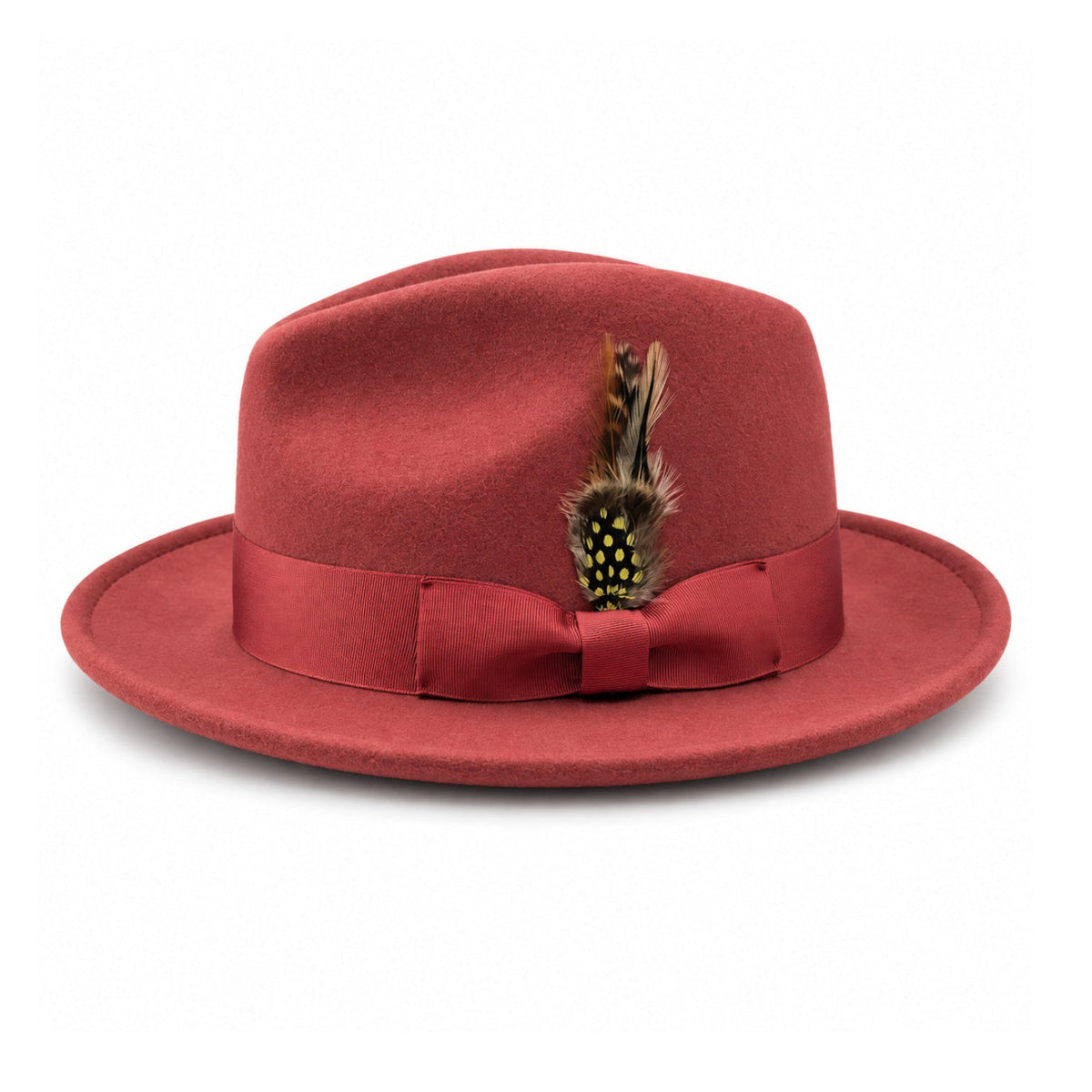 brick Montique Lightfelt wide brim wool felt fedora hat side view with pinch crown and black grosgrain band