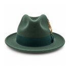 hunter Lightfelt 2 1/2 inch wide brim pinch crown fedora hat by Montique front view with grosgrain bow and feather accent