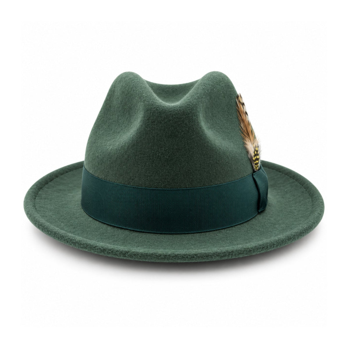 hunter Lightfelt 2 1/2 inch wide brim pinch crown fedora hat by Montique front view with grosgrain bow and feather accent