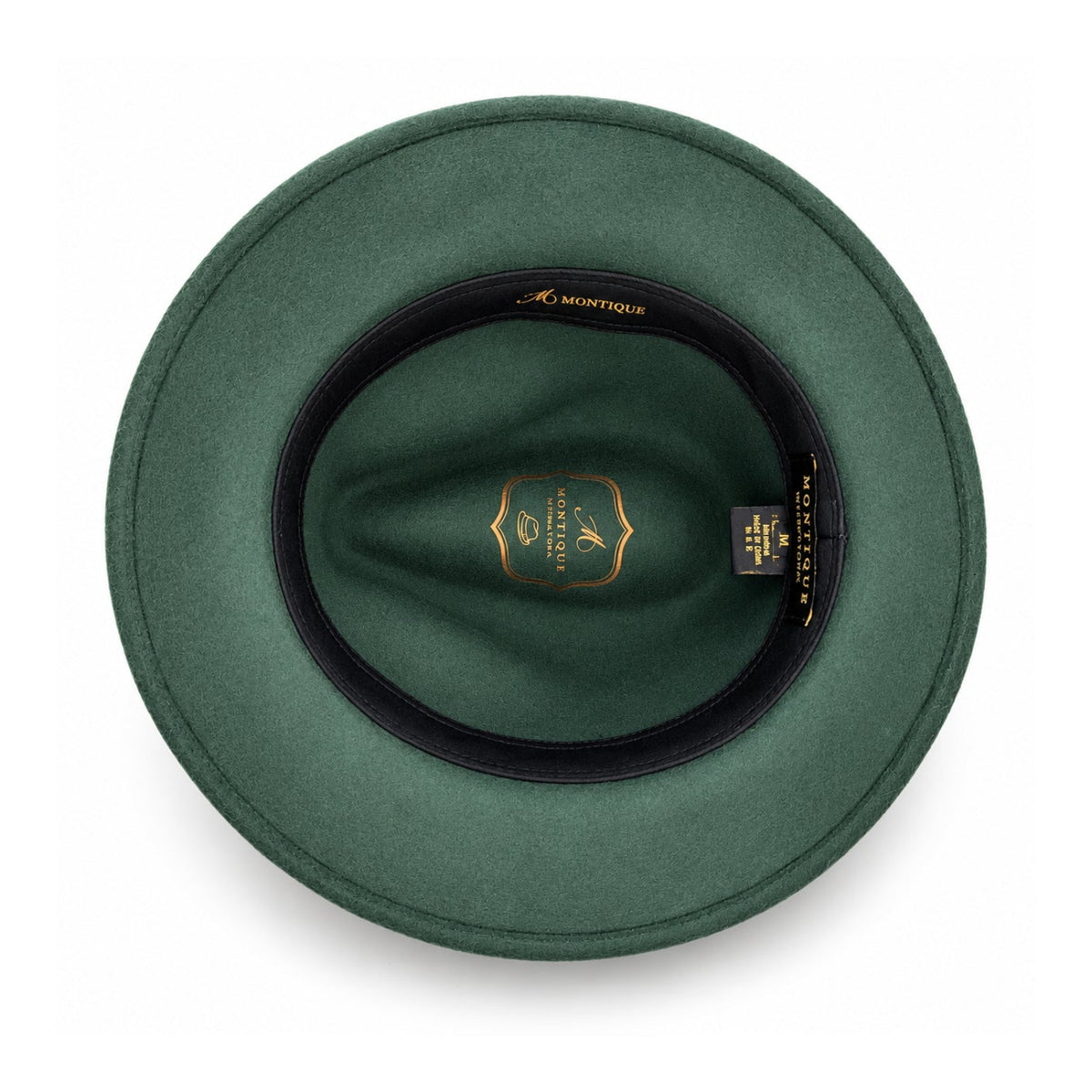 hunter Lightfelt wide brim wool felt pinch crown fedora hat by Montique interior view with branded lining and black sweatband