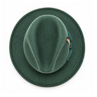 hunter Lightfelt 2 1/2 inch wide brim wool felt pinch crown fedora hat by Montique top view with feather accent