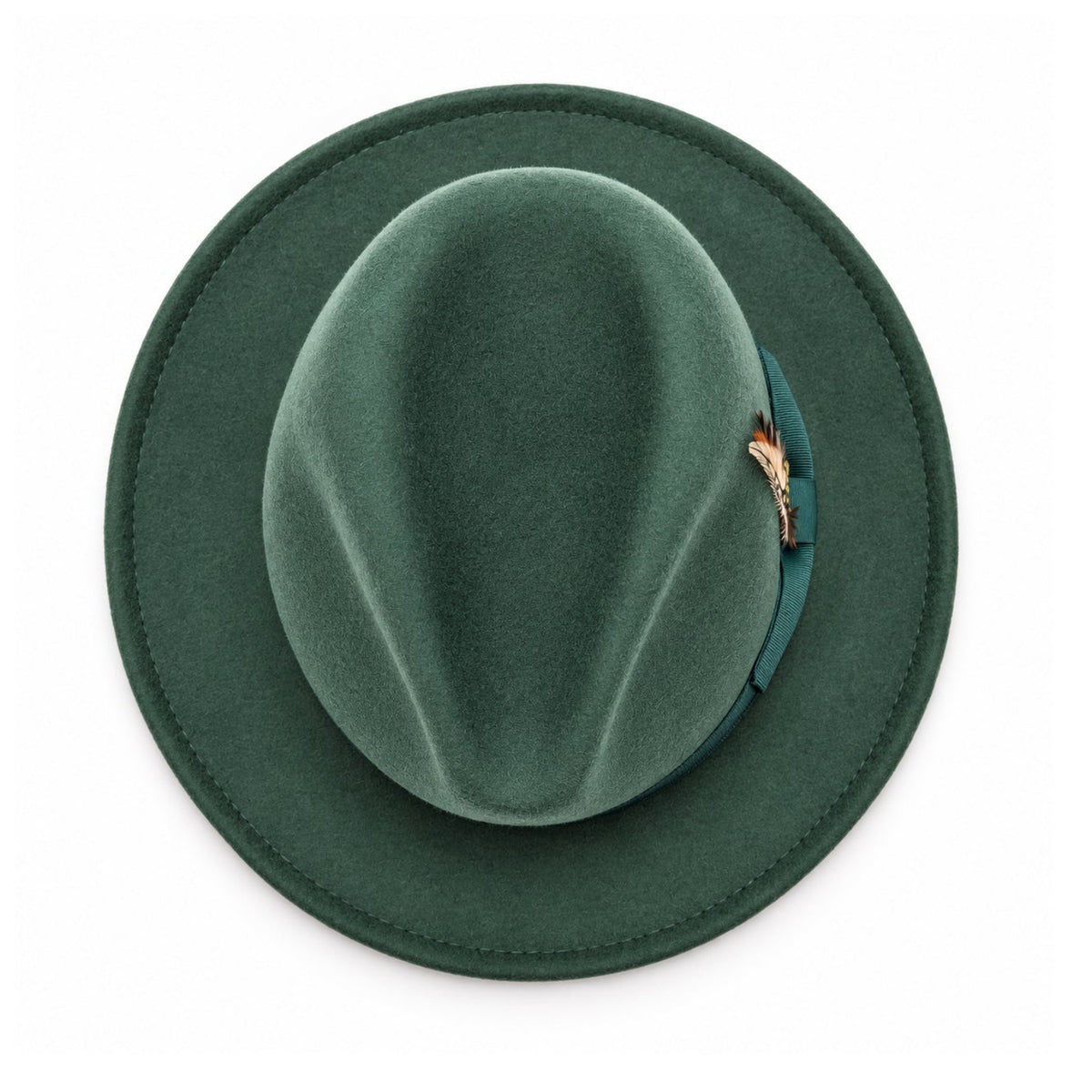 hunter Lightfelt 2 1/2 inch wide brim wool felt pinch crown fedora hat by Montique top view with feather accent