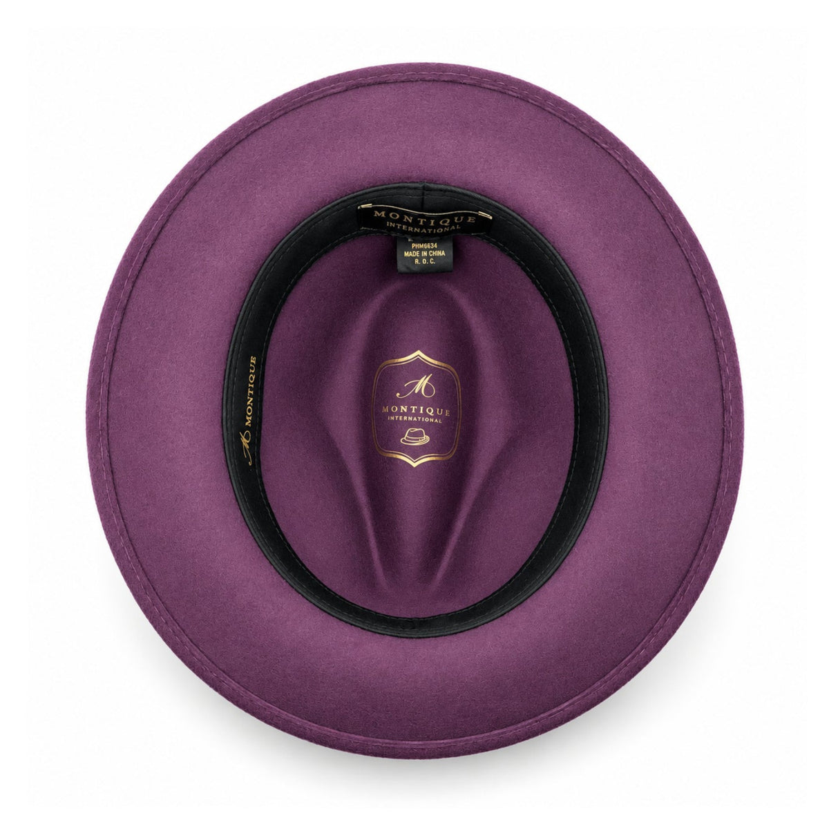 plum  Lightfelt wide brim wool felt pinch crown fedora hat by Montique interior view with branded lining and black sweatband