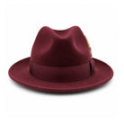 wine Lightfelt 2 1/2 inch wide brim pinch crown fedora hat by Montique front view with grosgrain bow and feather accen