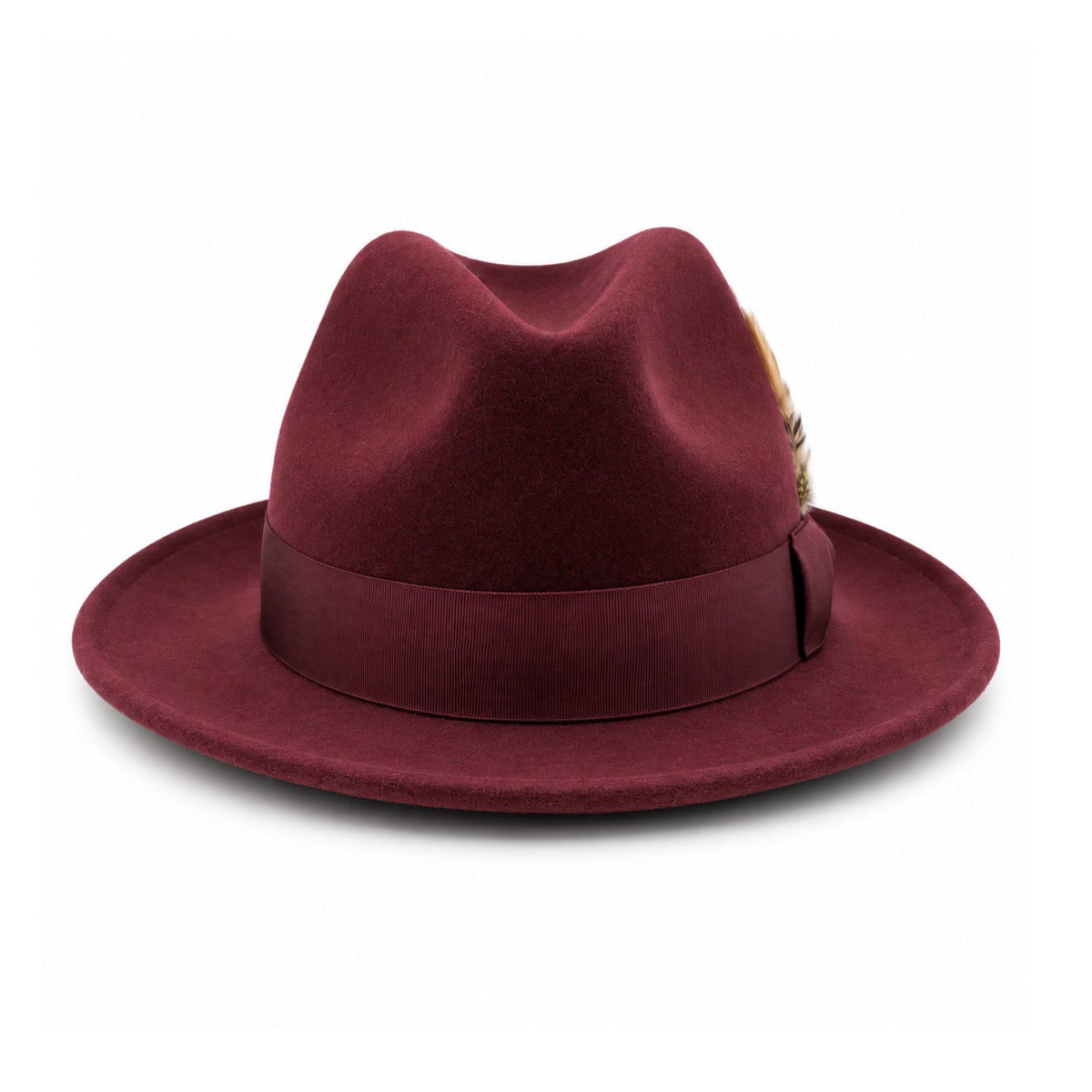 wine Lightfelt 2 1/2 inch wide brim pinch crown fedora hat by Montique front view with grosgrain bow and feather accen
