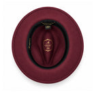 wine Lightfelt wide brim wool felt pinch crown fedora hat by Montique interior view with branded lining and black sweatband