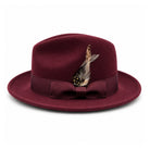 wine Montique Lightfelt wide brim wool felt fedora hat side view with pinch crown and black grosgrain band