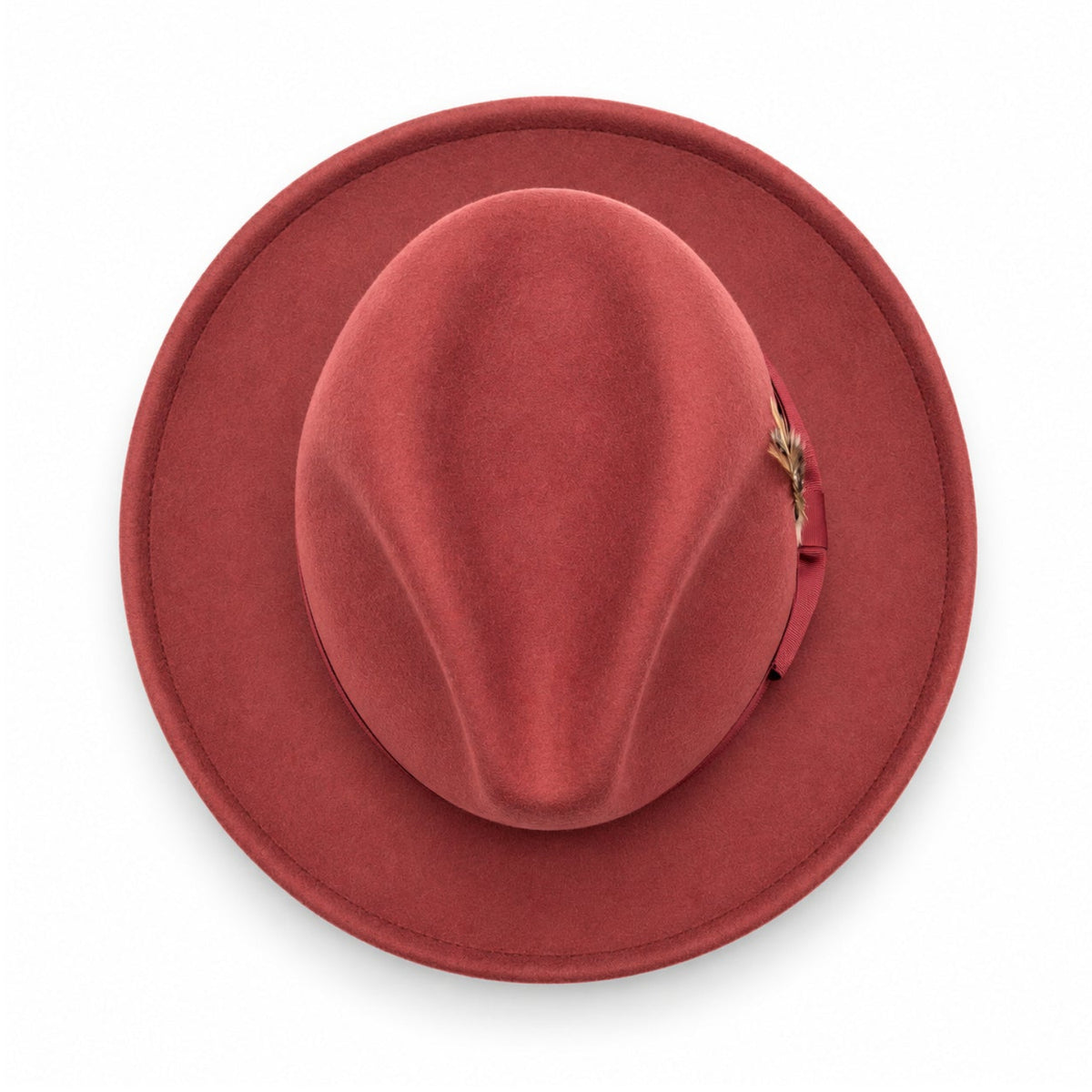 brick Lightfelt 2 1/2 inch wide brim wool felt pinch crown fedora hat by Montique top view with feather accent