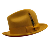 Ambley Collection: Montique Gold Matching Grosgrain Ribbon 2 3/8" Brim Red Bottom Wool Felt Dress Hat