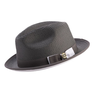 Grey and White Braided Stingy Brim Fedora Hat by Montique
