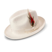 White Beaver Look Felt Fedora Hat 2 1/4 Brim Pinch Crown Feather Band
