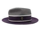 Montique purple and gray straw fedora hat side view with striped band and logo pin