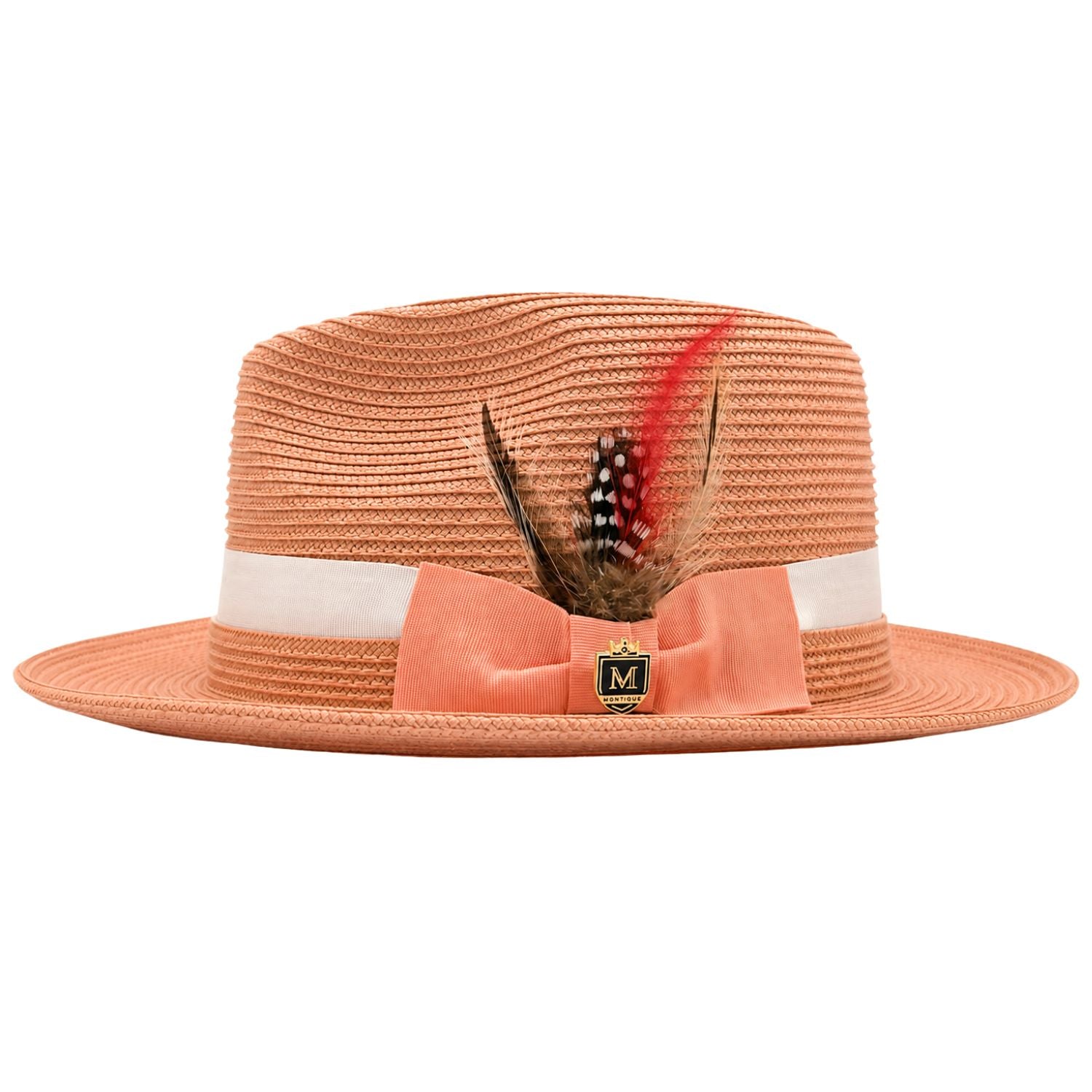 Montique peach straw fedora hat front view with white band, peach bow, feather trim, and gold logo pin