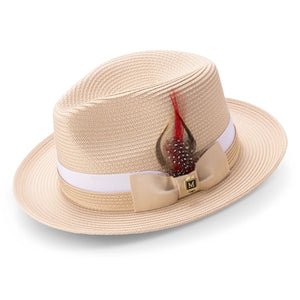 Beige Wide Brim Fedora Hat with Two-Tone Ribbon by Montique