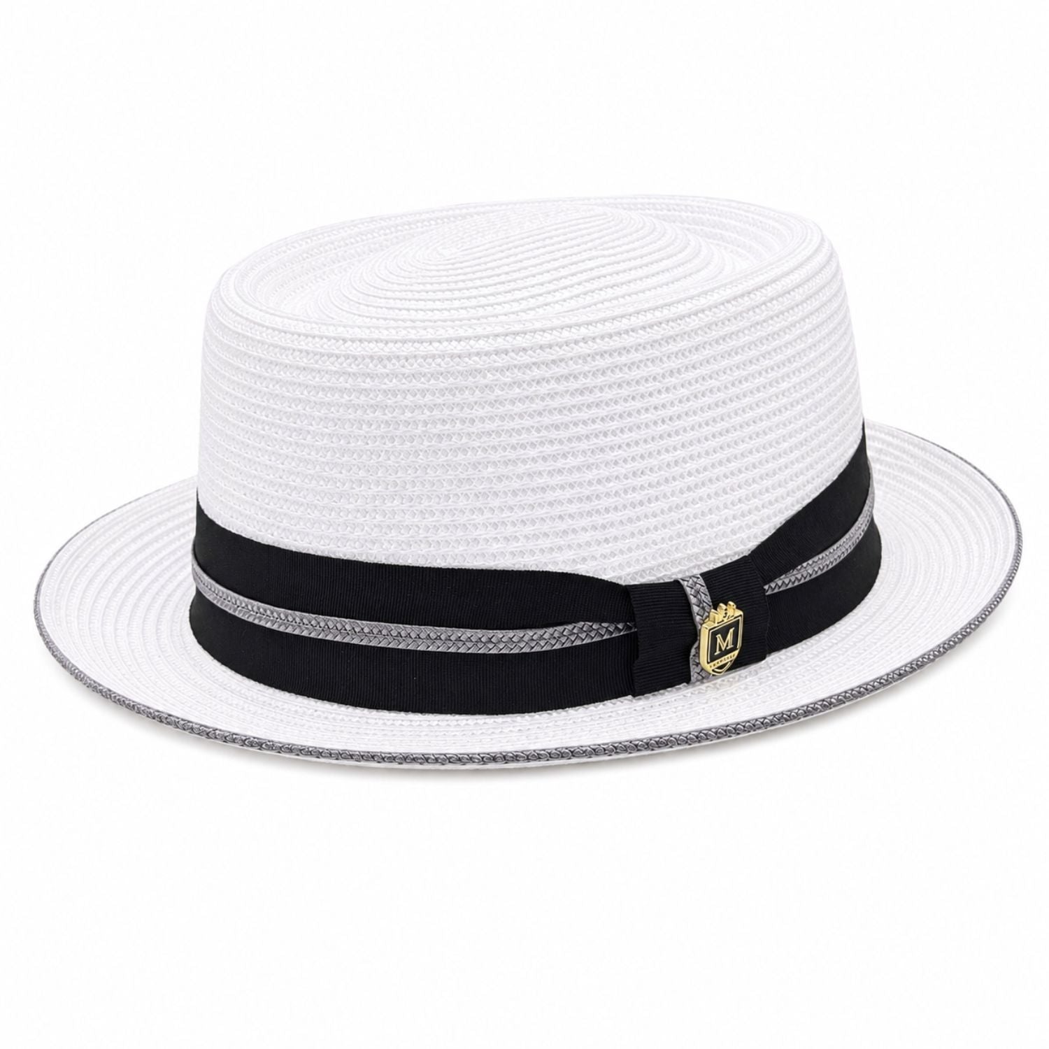 Montique white straw pork pie hat side angle with black band and gray trim