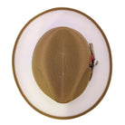 Montique mustard straw fedora hat top view with white brim underside and feather accent