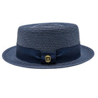 Montique navy straw pork pie hat side view with navy ribbon band