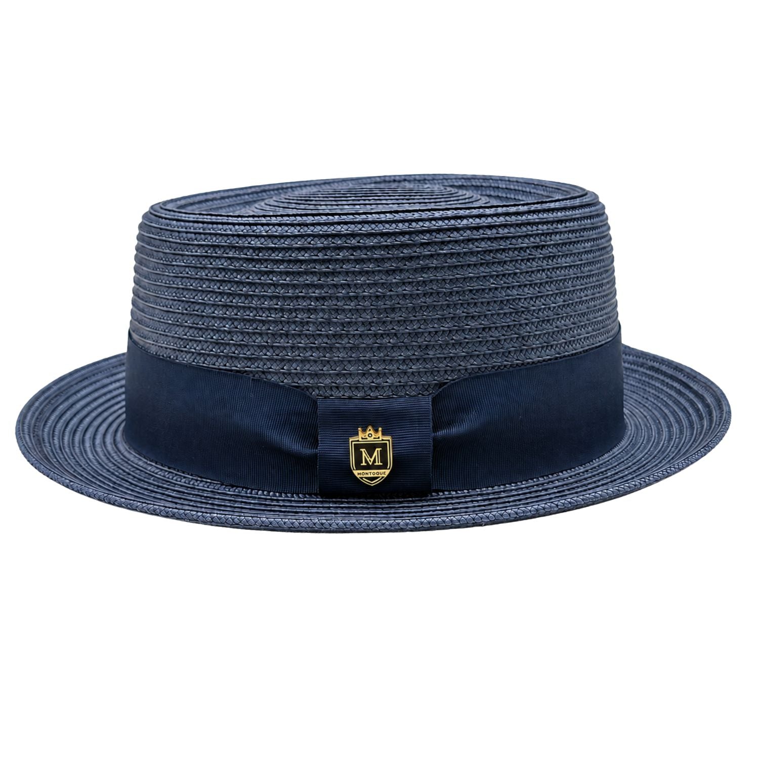 Montique navy straw pork pie hat side view with navy ribbon band