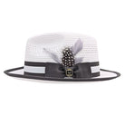 White and grey Montique fedora hat front view with black bow, feather detail, logo pin, open weave crown, and black brim edge