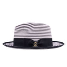side view of black and white striped men’s fedora hat with black bow band, Montique pin, and flat brim