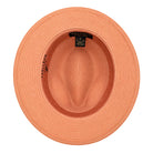 Montique peach straw fedora hat inside view with matching peach crown, brim, and branded sweatband