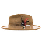 Montique mustard straw fedora hat side view with open weave crown, ribbon band, bow, and feather
