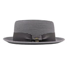 Grey Montique pork pie hat side view with woven crown, dark grey band, and matching brim trim