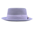 Lilac Montique pork pie hat front view with flat crown, matching grosgrain band, bow, logo pin, and short brim