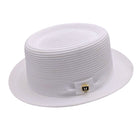 White Montique pork pie hat angled view with flat telescope crown, matching band, bow, logo pin, and short brim