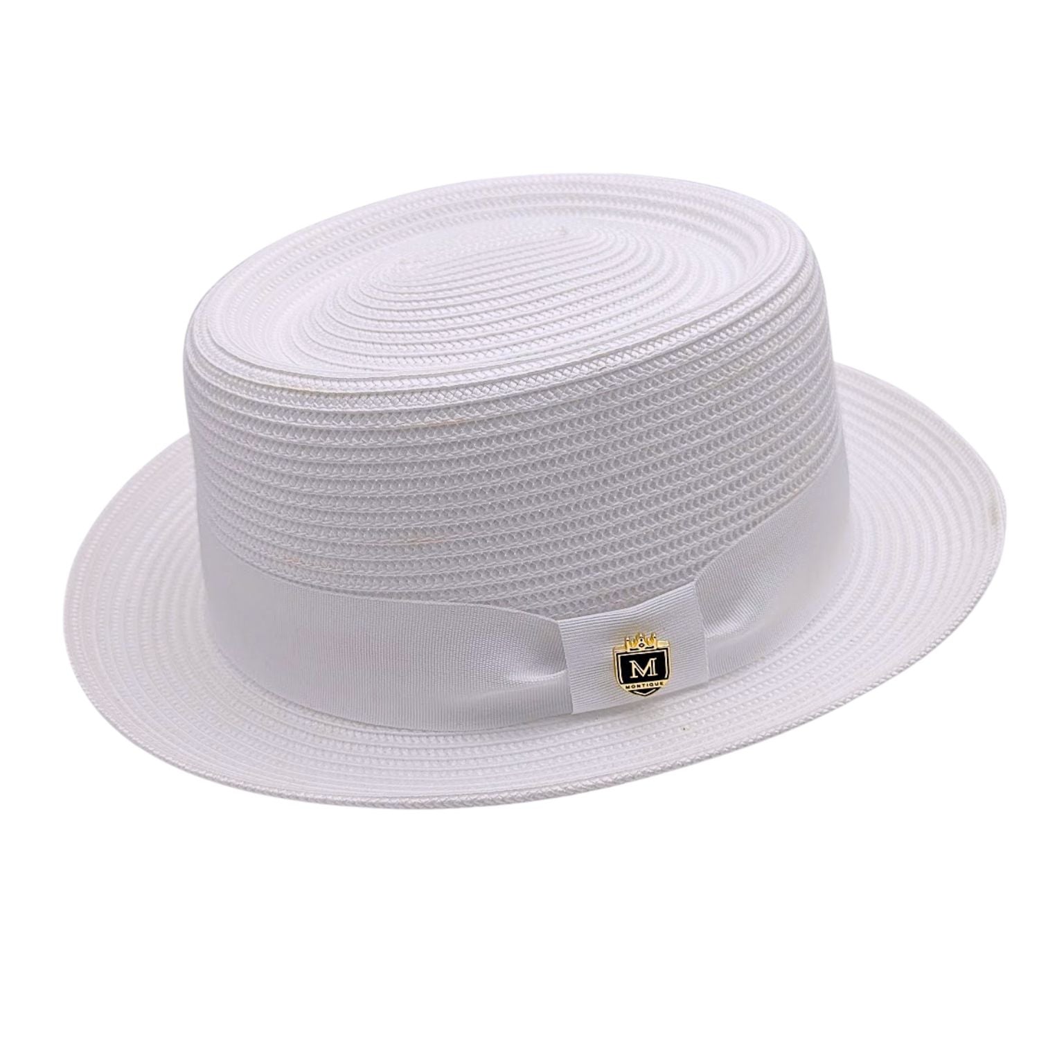 White Montique pork pie hat angled view with flat telescope crown, matching band, bow, logo pin, and short brim
