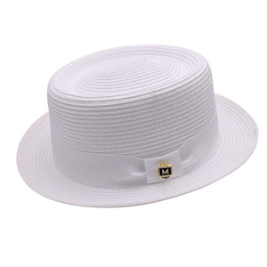 White Pork Pie Straw Hat Short Brim with Grosgrain Band by Montique