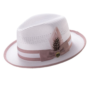 White & Blush Dual-Tone Ribbon Fedora Hat by Montique