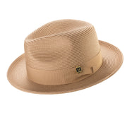 Camel Braided Wide Brim Pinch Crown Fedora Hat with Matching Grosgrain Ribbon